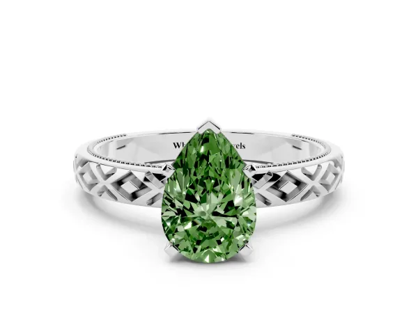 Fancy Green Pear Cut Solitaire Diamond Ring with Milgrain and Black Enamel X Pattern Band Platinum