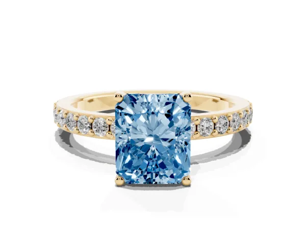 Fancy Blue Radiant Cut Cut Diamond Solitaire with Pave Band and Four-Prong Setting Yellow gold