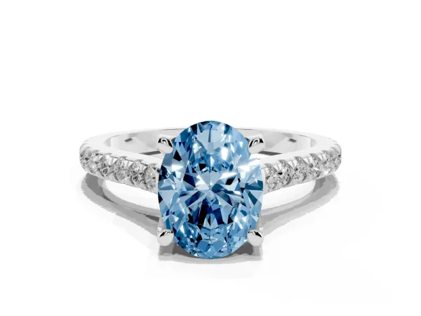 Fancy Blue Oval Cut Brilliant Diamond Solitaire with Pavé Band and Four-Prong Setting White gold
