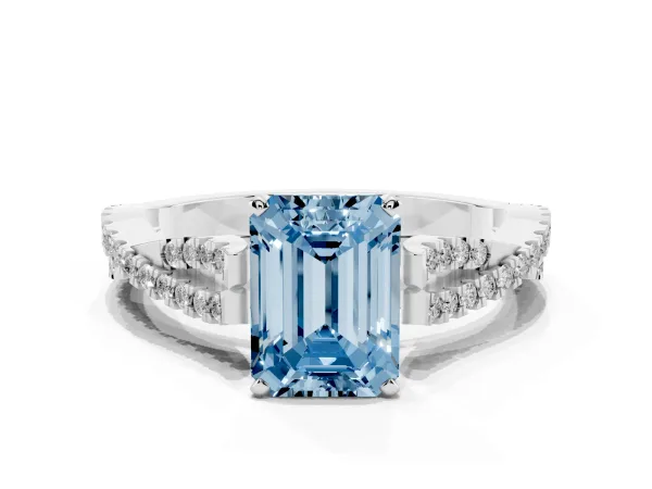 Fancy Blue Emerald Cut Diamond Solitaire Engagement Ring with Twisted Pavé Band and Four-Prong Setting Platinum