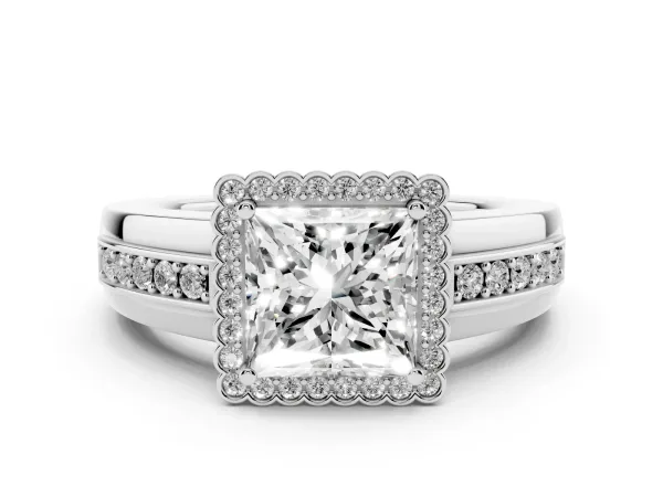 Princess Cut Cut Halo Pave Band Four-Prong Ring Platinum