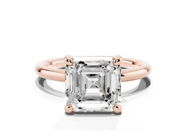 Asscher Cut Solitaire Diamond Ring with Four-Prong Setting on a Plain Band Rose gold