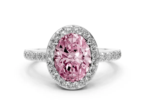 Fancy Pink Oval Cut Halo Diamond Pavé Band Ring with Prong Setting Platinum