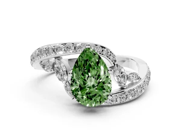 Fancy Green Pear Cut Solitaire with Pavé Twist Band and Four-Prong Setting White gold