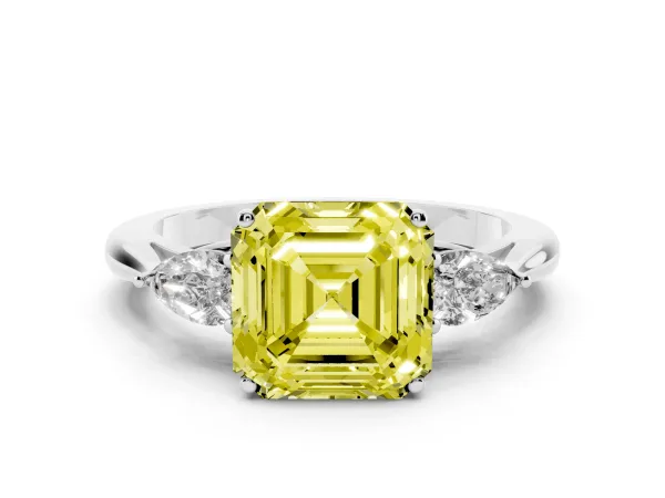 Fancy Yellow Three-Stone Asscher Cut Brilliant Diamond Solitaire Ring with Tapered Band and Four-Prong Setting Platinum