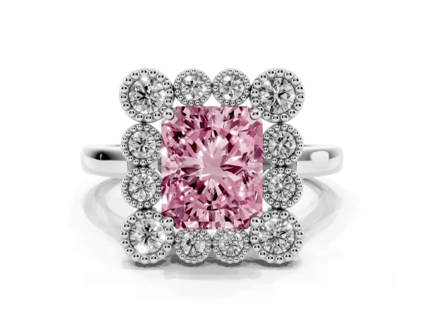 Fancy Pink Radiant Cut Halo Diamond Cluster Engagement Ring with Milgrain Bezel Setting and Solitaire Band White gold