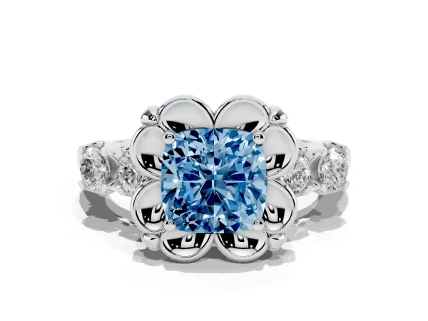 Fancy Blue Cushion Cut Cut Diamond Floral Halo Engagement Ring with Shared Prong Setting White gold