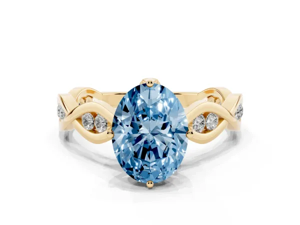 Fancy Blue Oval Cut Solitaire Twist Band with Leaf Prong Setting Yellow gold
