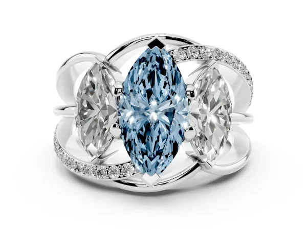 Fancy Blue Three-Stone Marquise Cut Cut Diamond Split Shank Prong Set Ring White gold