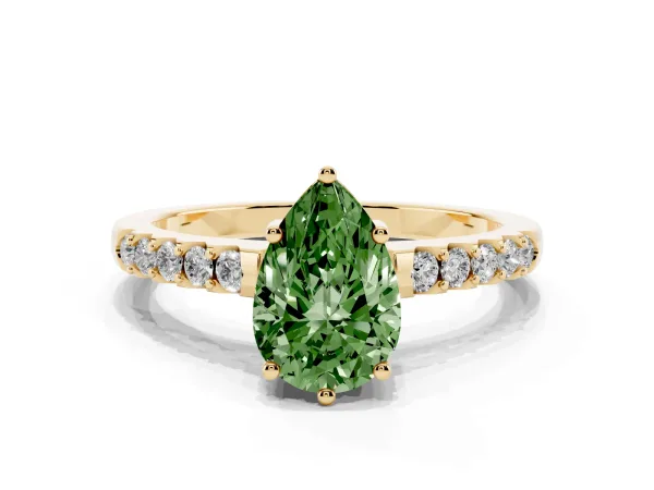 Fancy Green Pear Cut Solitaire Diamond Engagement Ring with Pavé Band and Six-Prong Setting Yellow gold