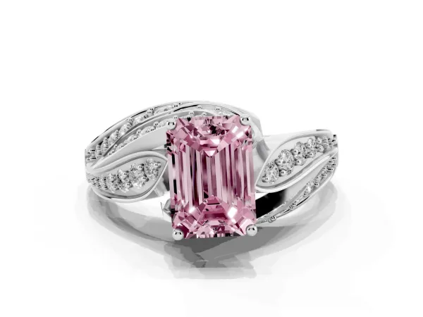 Fancy Pink Emerald Cut Diamond Solitaire Ring with Prong Setting and Twisted Pavé Band White gold