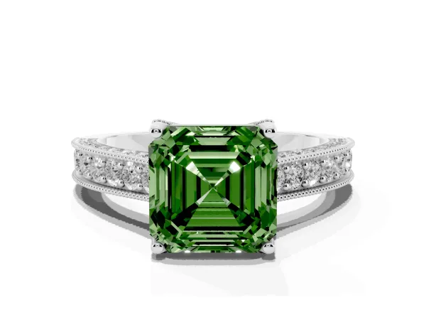 Fancy Green Asscher Cut Cut Diamond Solitaire Ring with Milgrain Pave Band and Four Prong Setting Platinum