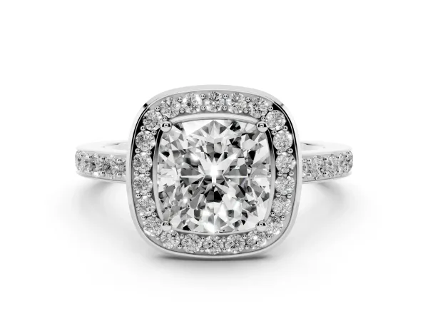 Cushion Cut Diamond Halo Ring with Bezel Frame and Pavé Band White gold