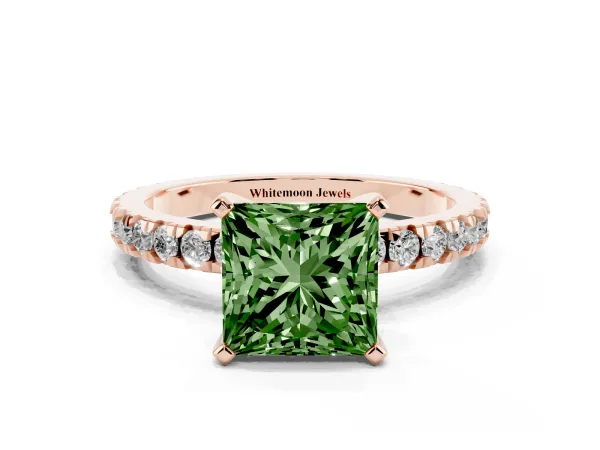 Fancy Green Princess Cut Diamond Pavé Band Solitaire with Four-Prong Setting Rose gold