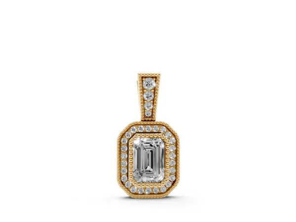 Emerald Cut Halo Diamond Pendant with Pavé Setting Yellow gold