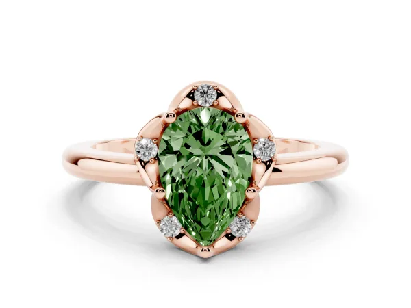 Fancy Green Pear Cut Halo Diamond Ring with Round Cluster Setting, Solitaire Band, and Four-Prong Setting Rose gold