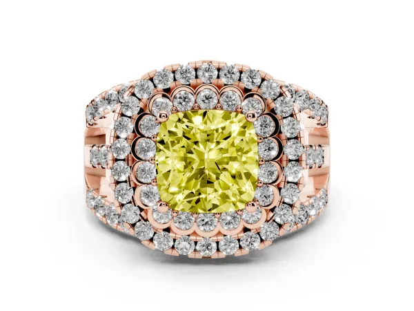 Fancy Yellow Cushion Cut Diamond Double Halo Ring with Round Pavé Split Shank and Prong Setting Rose gold