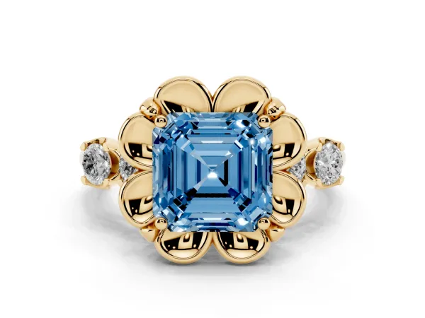 Fancy Blue Asscher Cut Cut Diamond Floral Halo Engagement Ring with Shared Prong Setting Yellow gold