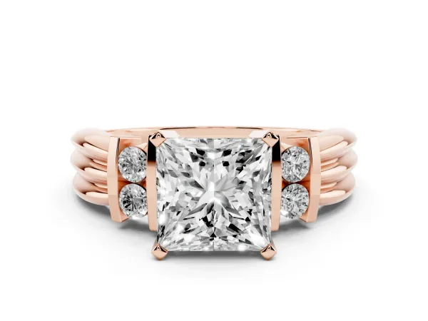 Princess Cut Cut Three-Stone Channel Set Ring with Bar Prongs Rose gold