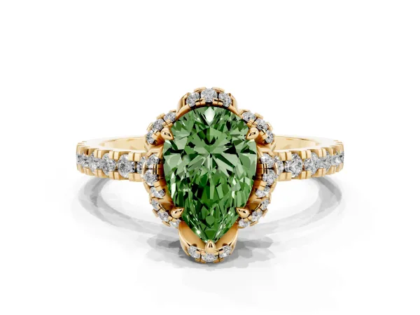 Fancy Green Pear Cut Diamond Halo Pave Band with Four-Prong Setting Yellow gold