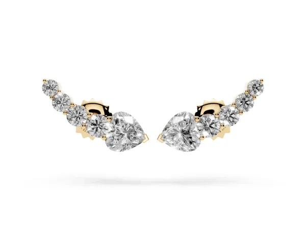 Round and Heart Diamond Petite Ear Climber Earrings Yellow gold