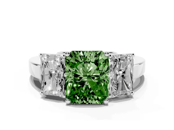 Fancy Green Three-Stone Radiant Cut Cut Diamond Engagement Ring with Flat Band and Four-Prong Setting Platinum