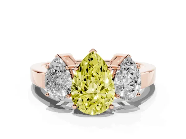 Fancy Yellow Three-Stone Pear Cut Cut Diamond Engagement Ring with Flat Band and Four-Prong Setting Rose gold