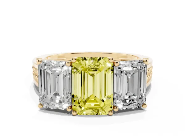 Fancy Yellow Emerald Cut Diamond Three-Stone Ring with Prong Setting and Textured Band Yellow gold