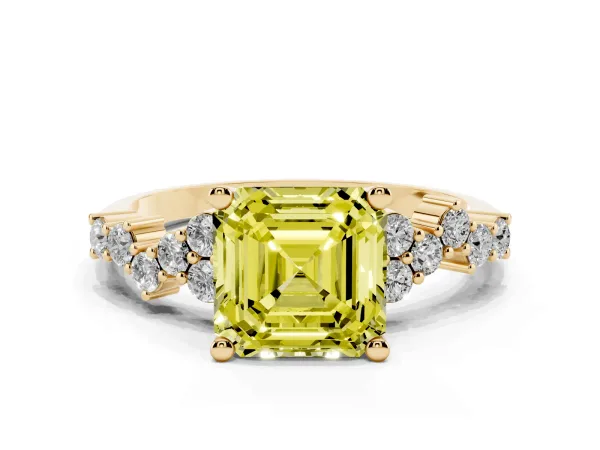 Fancy Yellow Asscher Cut Diamond Scattered Round Accent Ring with Prong Setting Yellow gold