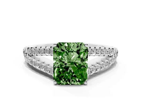 Fancy Green Radiant Cut Diamond Split Shank Engagement Ring with Round Pavé and Prong Setting Platinum