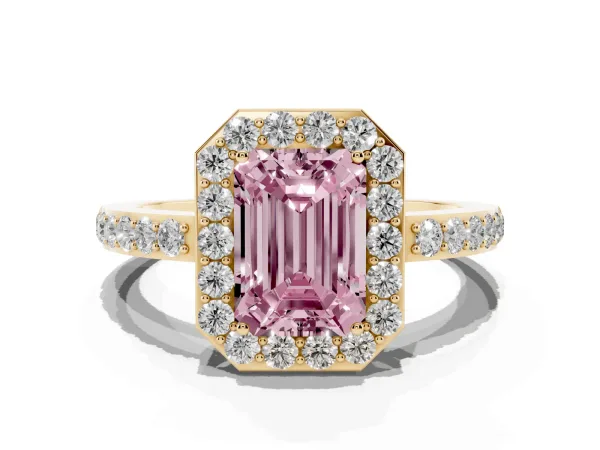 Fancy Pink Emerald Cut Halo Diamond Pavé Band Ring with Prong Setting Yellow gold