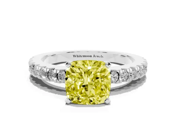 Fancy Yellow Cushion Cut Solitaire Diamond with Pavé Band and Four-Prong Setting Platinum