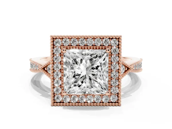 Princess Cut Halo Round Diamond Milgrain Pave Engagement Ring Rose gold