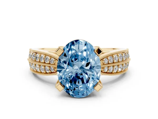 Fancy Blue Oval Cut Diamond Solitaire Ring with Milgrain Round Pavé Band and Prong Setting Yellow gold