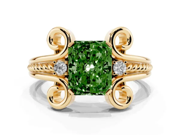 Fancy Green Radiant Cut Solitaire Twisted Band Scroll Prong Ring Yellow gold
