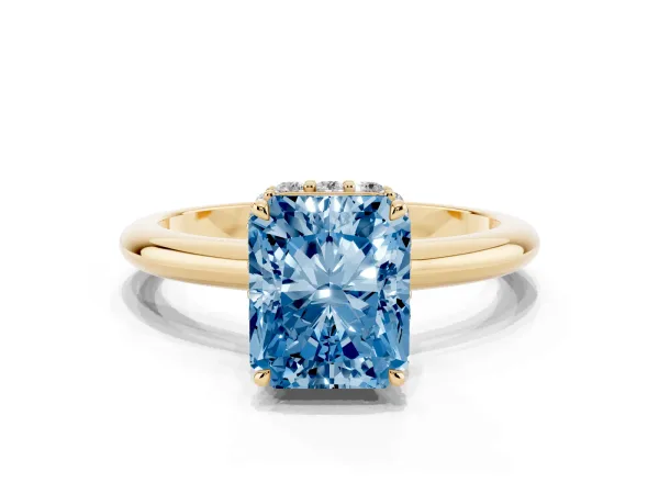 Fancy Blue Radiant Cut Brilliant Solitaire Engagement Ring with Six-Prong Setting and Classic Band Yellow gold