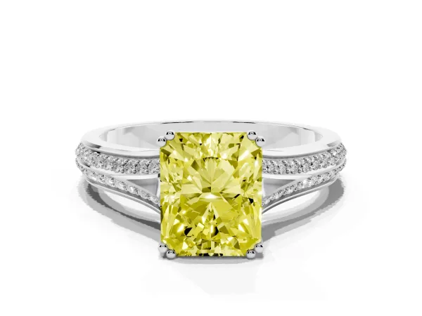 Fancy Yellow Radiant Cut Diamond Split Shank Engagement Ring with Pavé Band Platinum