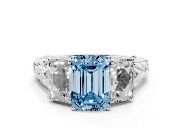 Fancy Blue Three-Stone Radiant Cut Diamond Braided Band Ring with Four-Prong Setting Platinum