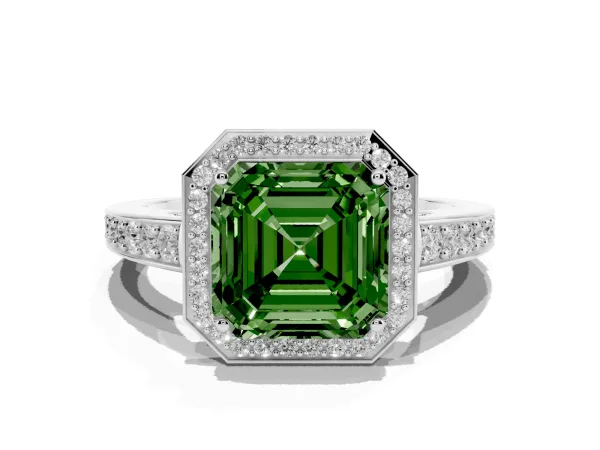 Fancy Green Asscher Cut Halo Pavé Diamond Engagement Ring with Bezel Setting White gold
