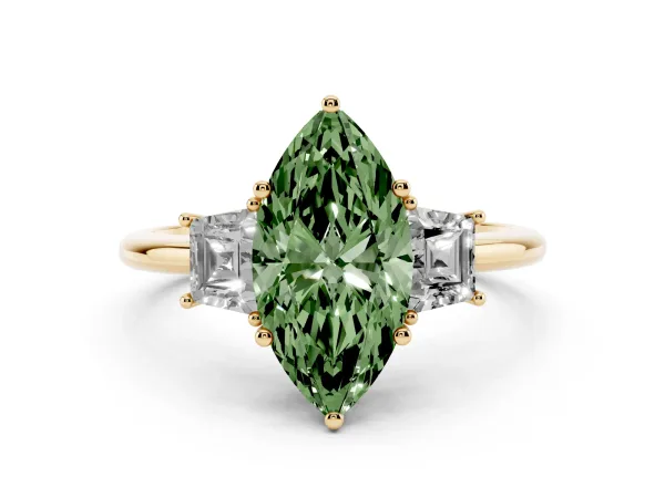 Fancy Green Marquise Cut Diamond Three-Stone Ring with Trapezoid Side Stones and Prong Setting Yellow gold