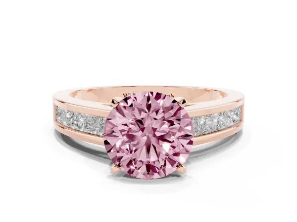 Fancy Pink Round Cut Solitaire Diamond Ring with Channel-Set Band and Four-Prong Setting Rose gold