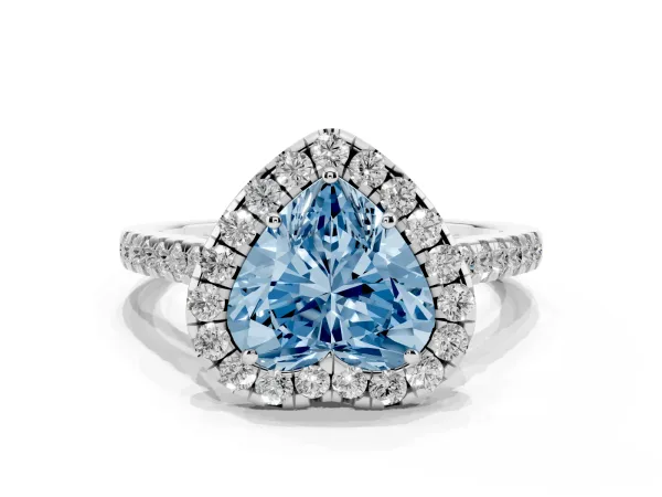 Fancy Blue Heart Cut Halo Pave Diamond Engagement Ring with Four-Prong Setting Platinum