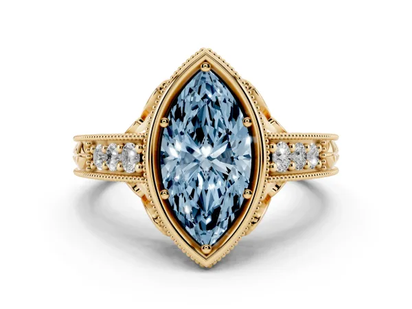 Fancy Blue Bezel Set Marquise Cut Diamond Milgrain Pave Engagement Ring Yellow gold