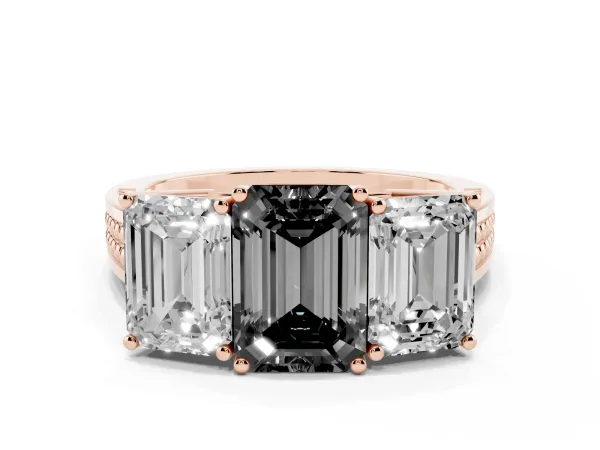Fancy Black Emerald Cut Diamond Three-Stone Ring with Prong Setting and Textured Band Rose gold
