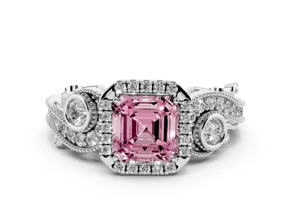 Fancy Pink Asscher Cut Halo Diamond Ring with Milgrain and Bezel Accents on a Split Shank Band Platinum