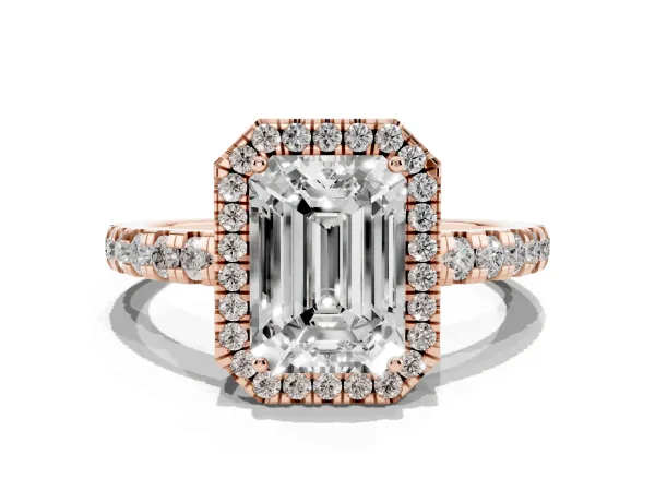 Emerald Cut Diamond Halo Ring with Pavé Band and Four-Prong Setting Rose gold