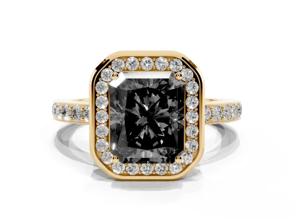 Fancy Black Radiant Cut Diamond Halo Ring with Bezel Frame and Pavé Band Yellow gold