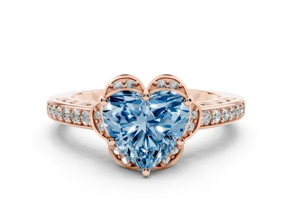 Fancy Blue Heart Cut Cut Halo Diamond Ring with Channel Set Band and Four-Prong Setting Rose gold