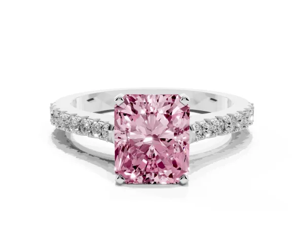 Fancy Pink Radiant Cut Cut Solitaire Diamond Engagement Ring with Pave Band and Four-Prong Setting White gold