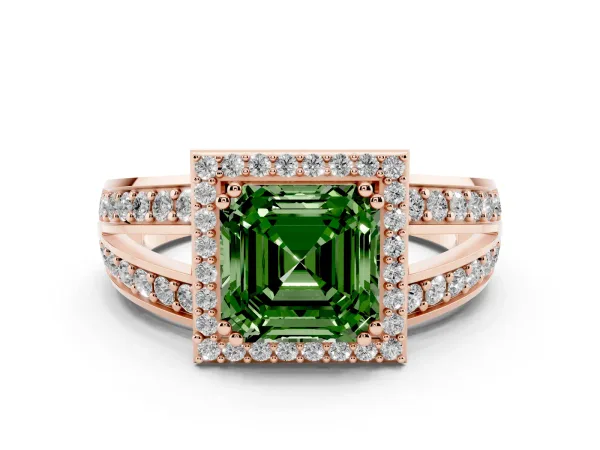 Fancy Green Asscher Cut Diamond Halo Ring with Split Shank Pavé Band and Four-Prong Setting Rose gold